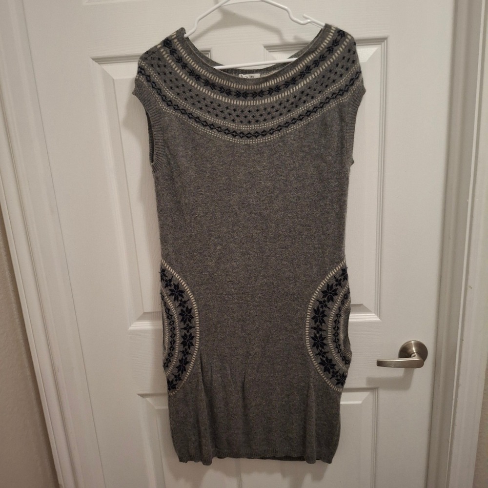 Cache Sweater Dress Womens L Gray‎ Fair Isle Knit Sleeveless Sheath Lamb's Wool
